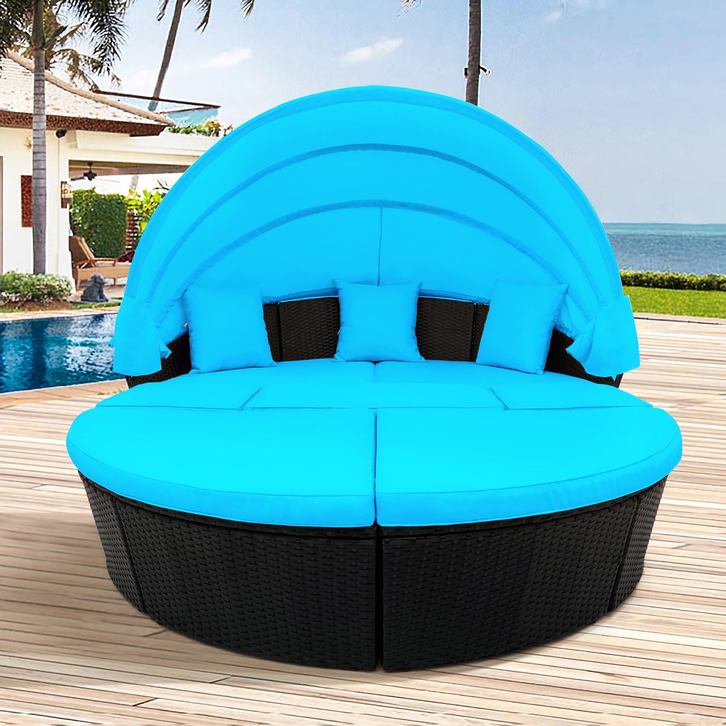 TOPMAX Outdoor Rattan Daybed Sunbed with Canopy, Round Sectional Sofa Set (Blue)-8
