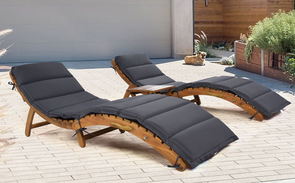 TOPMAX Outdoor Patio Wood Portable Extended Chaise Lounge Set with Foldable Tea Table for Balcony, Poolside, Garden, Brown Finish+Dark Gray Cushion-23