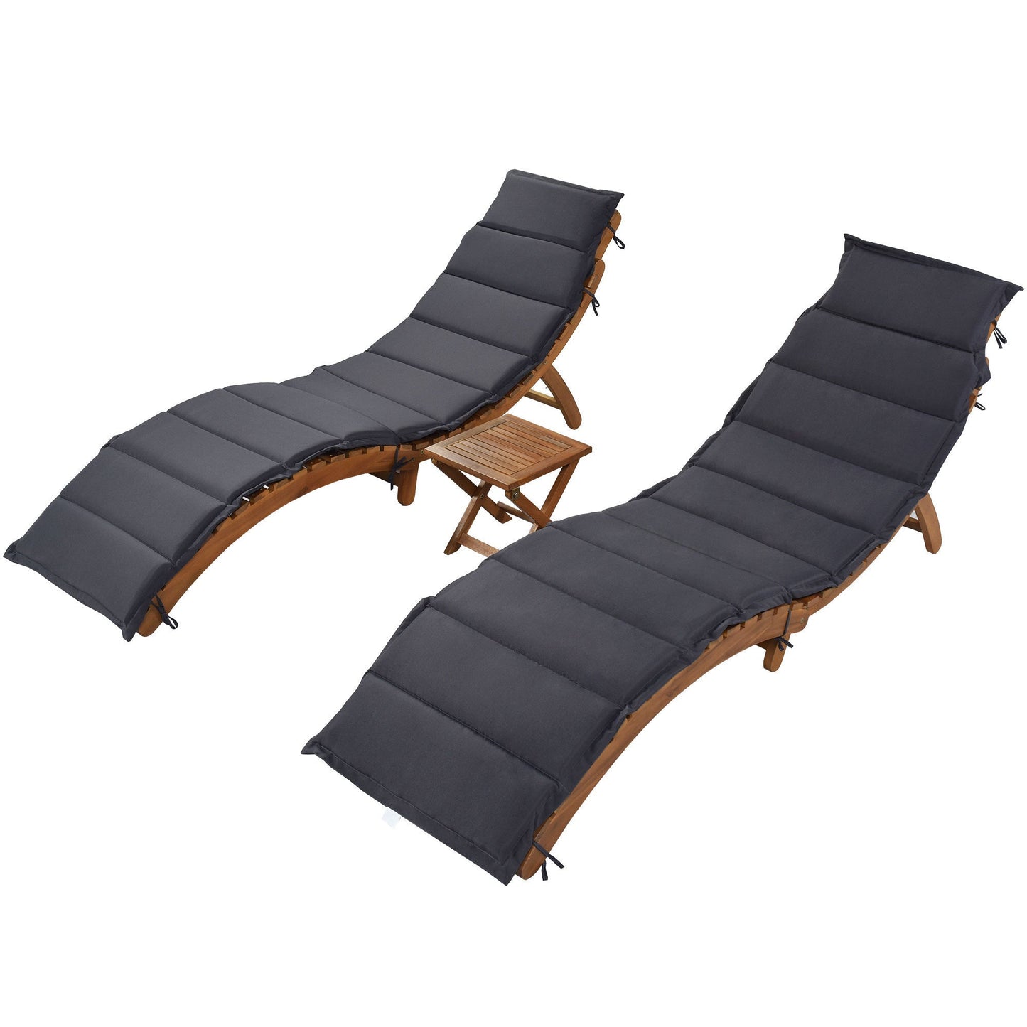 TOPMAX Outdoor Patio Wood Portable Extended Chaise Lounge Set with Foldable Tea Table for Balcony, Poolside, Garden, Brown Finish+Dark Gray Cushion-9