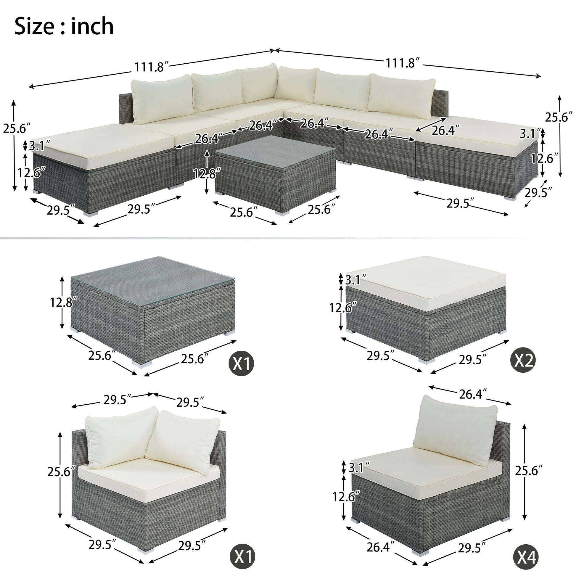 8-Pieces Outdoor Patio Furniture Sets, Garden Conversation Wicker Sofa Set, Single Sofa Combinable, Beige Cushions Gray Wicker-21