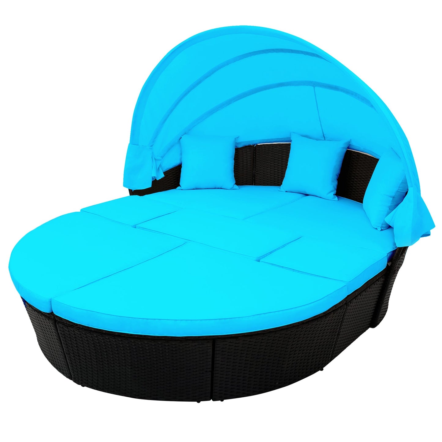 TOPMAX Outdoor Rattan Daybed Sunbed with Canopy, Round Sectional Sofa Set (Blue)-13
