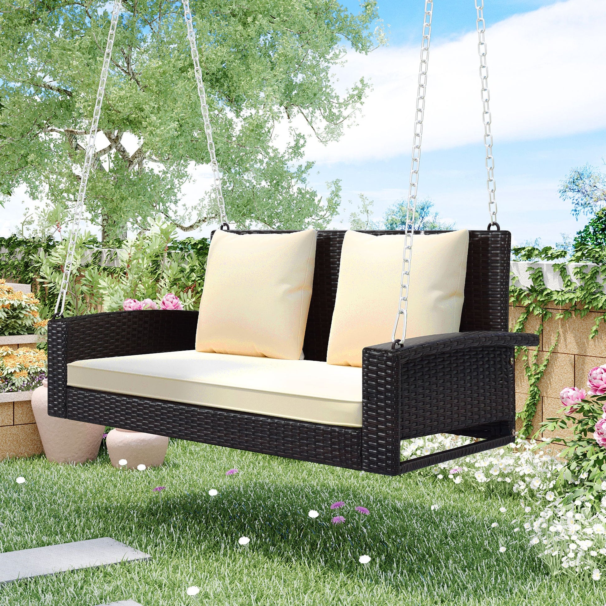 GO 2-Person Wicker Hanging Porch Swing with Chains, Cushion, Pillow, Rattan Swing Bench for Garden, Backyard, Pond. (Brown Wicker, Beige Cushion)-7