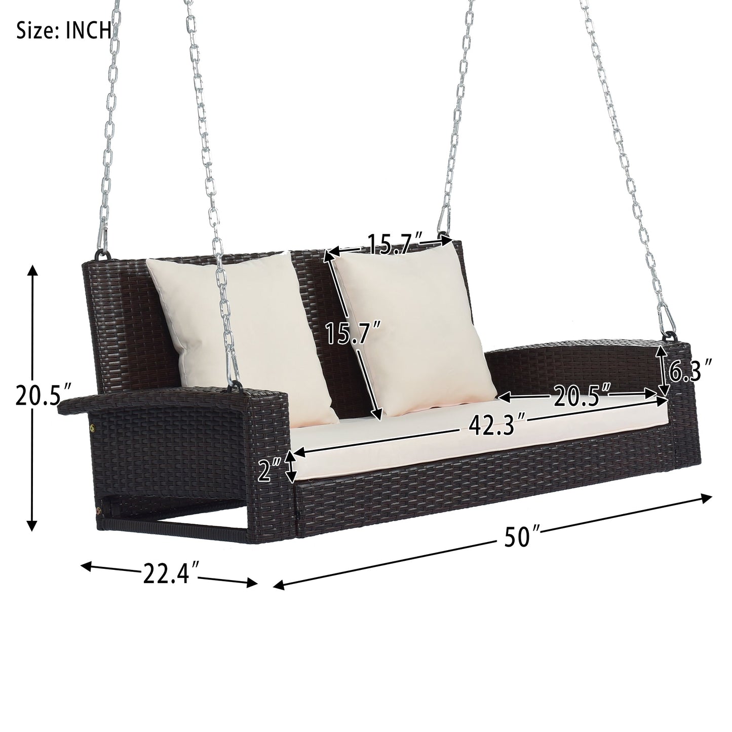GO 2-Person Wicker Hanging Porch Swing with Chains, Cushion, Pillow, Rattan Swing Bench for Garden, Backyard, Pond. (Brown Wicker, Beige Cushion)-24