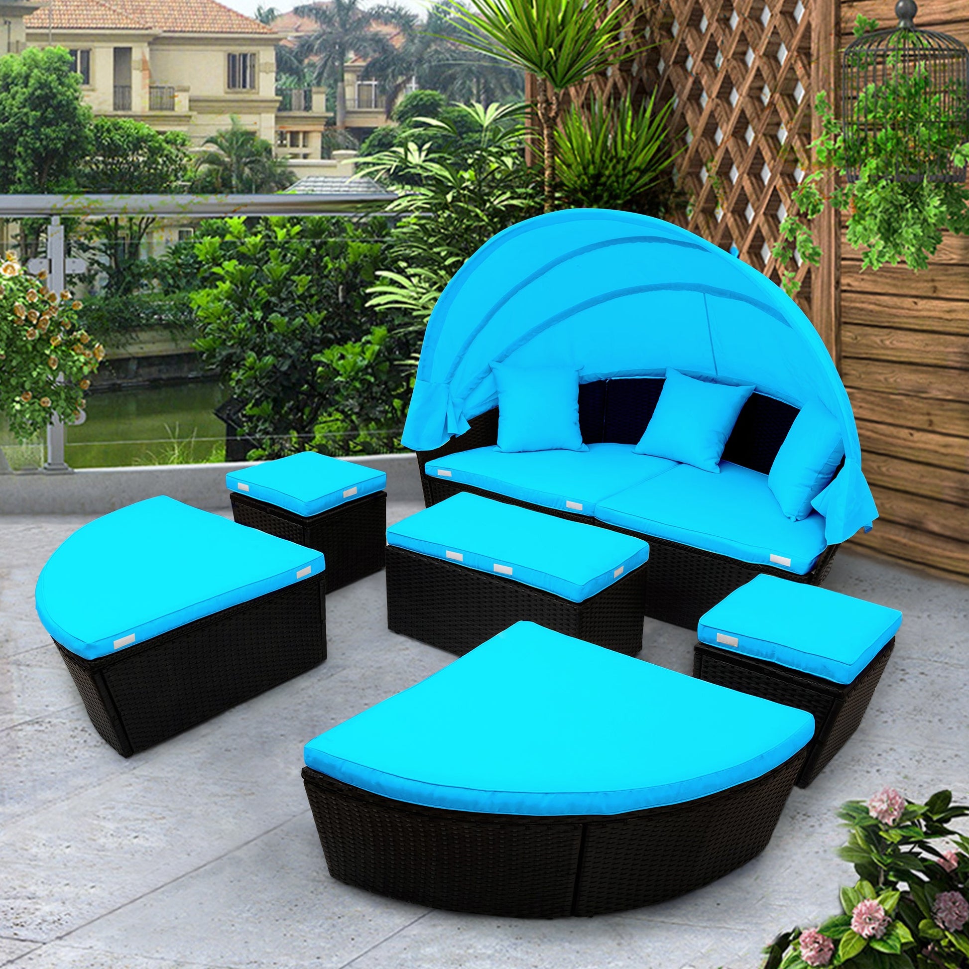 TOPMAX Outdoor Rattan Daybed Sunbed with Canopy, Round Sectional Sofa Set (Blue)-5