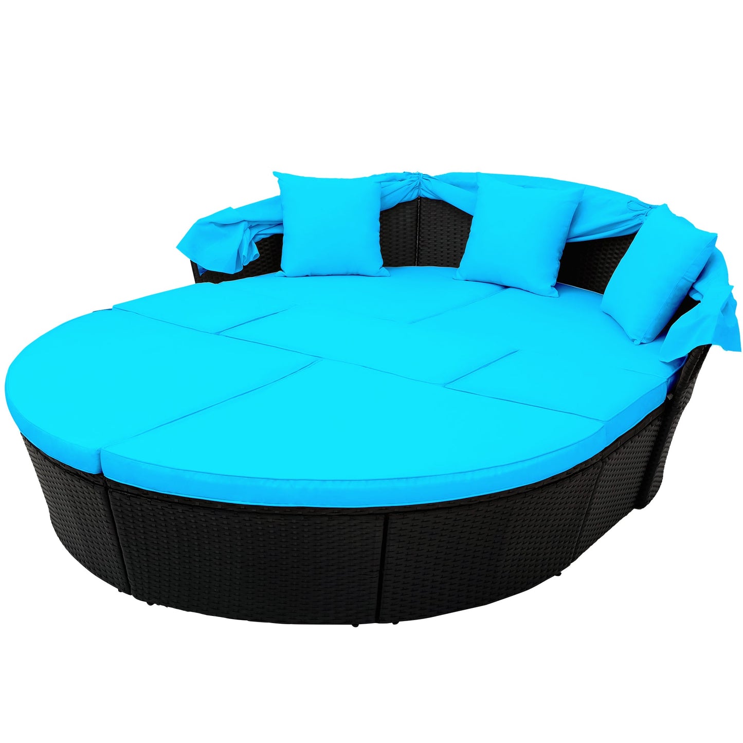 TOPMAX Outdoor Rattan Daybed Sunbed with Canopy, Round Sectional Sofa Set (Blue)-11