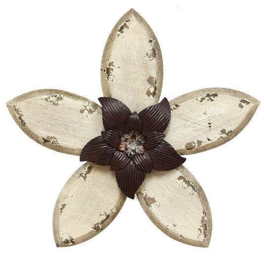 14" X 15" Espresso Brown Wood and Metal Flower Hanging Dimensional Sculpture