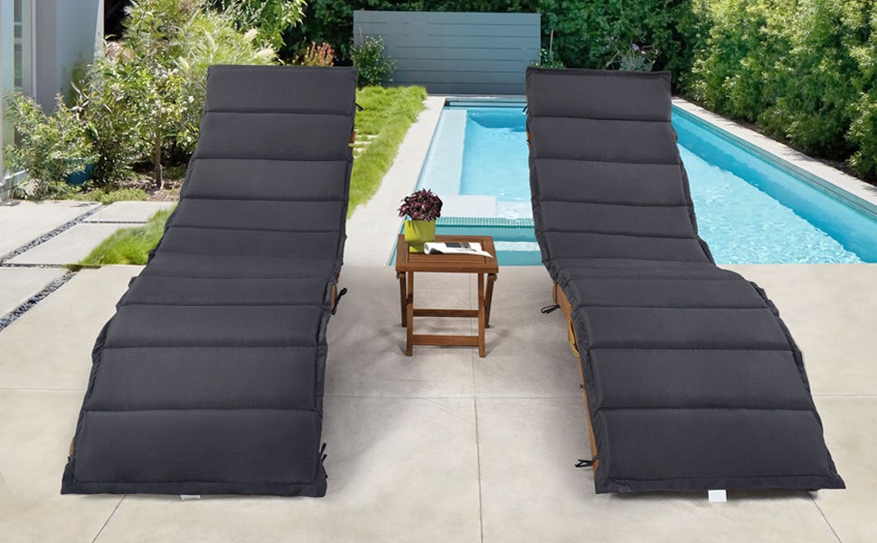 TOPMAX Outdoor Patio Wood Portable Extended Chaise Lounge Set with Foldable Tea Table for Balcony, Poolside, Garden, Brown Finish+Dark Gray Cushion-22