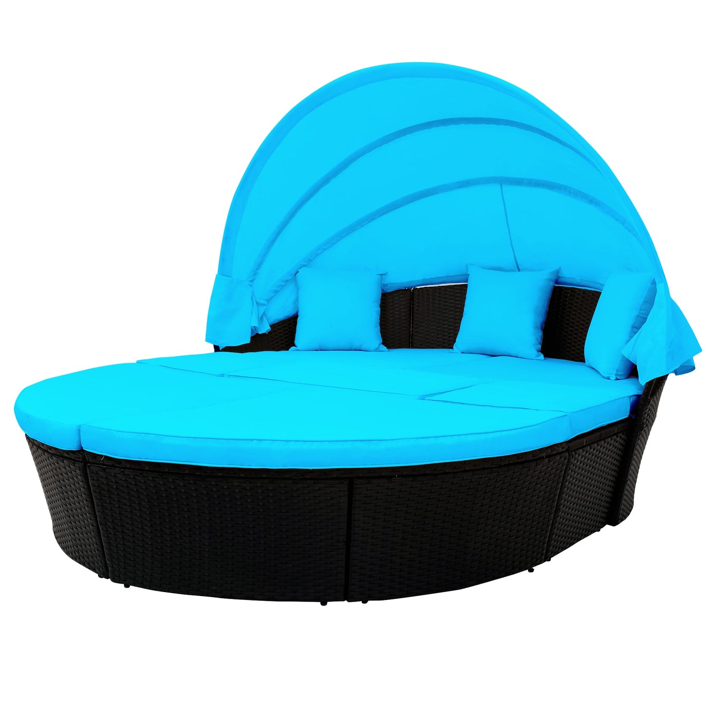TOPMAX Outdoor Rattan Daybed Sunbed with Canopy, Round Sectional Sofa Set (Blue)-1