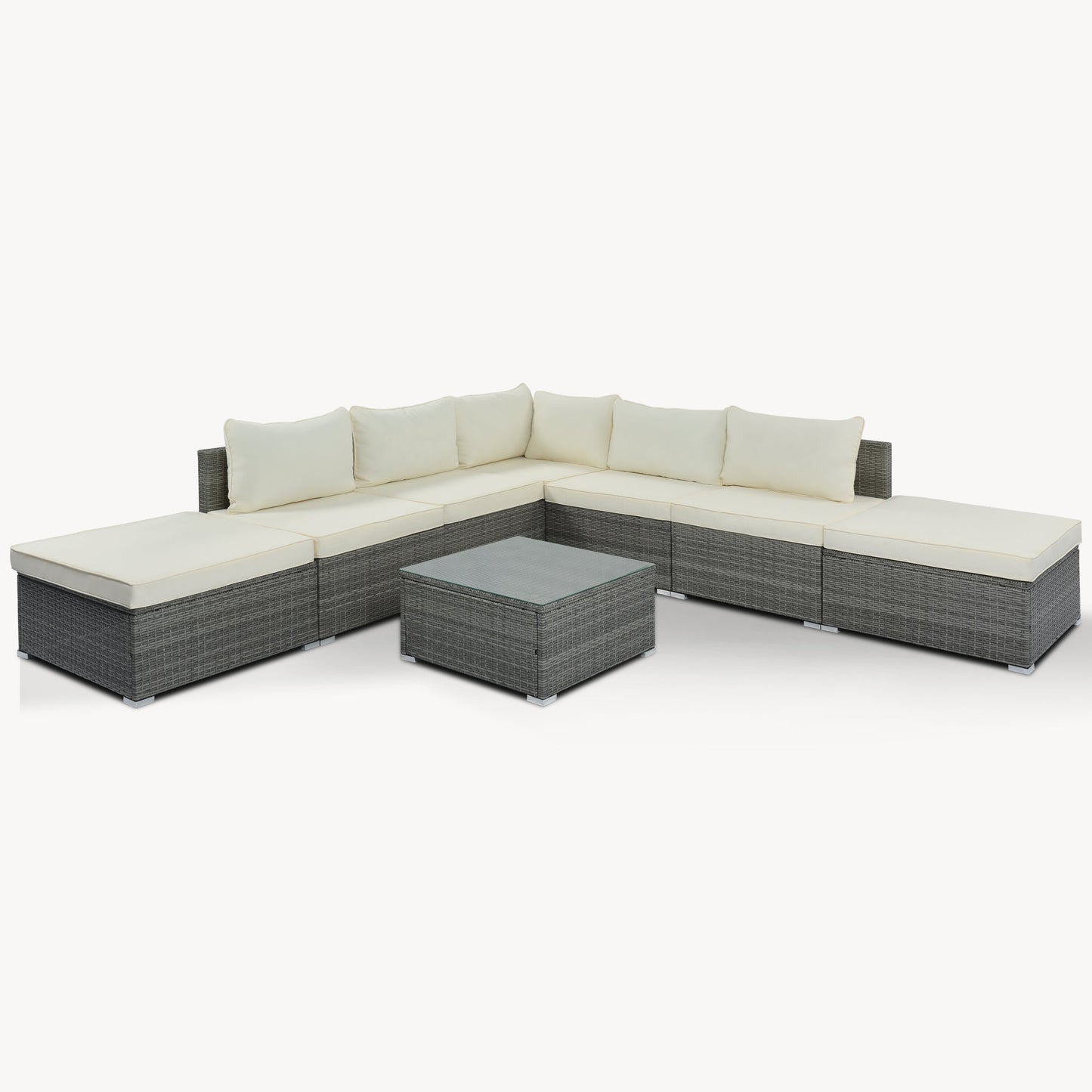 8-Pieces Outdoor Patio Furniture Sets, Garden Conversation Wicker Sofa Set, Single Sofa Combinable, Beige Cushions Gray Wicker-2