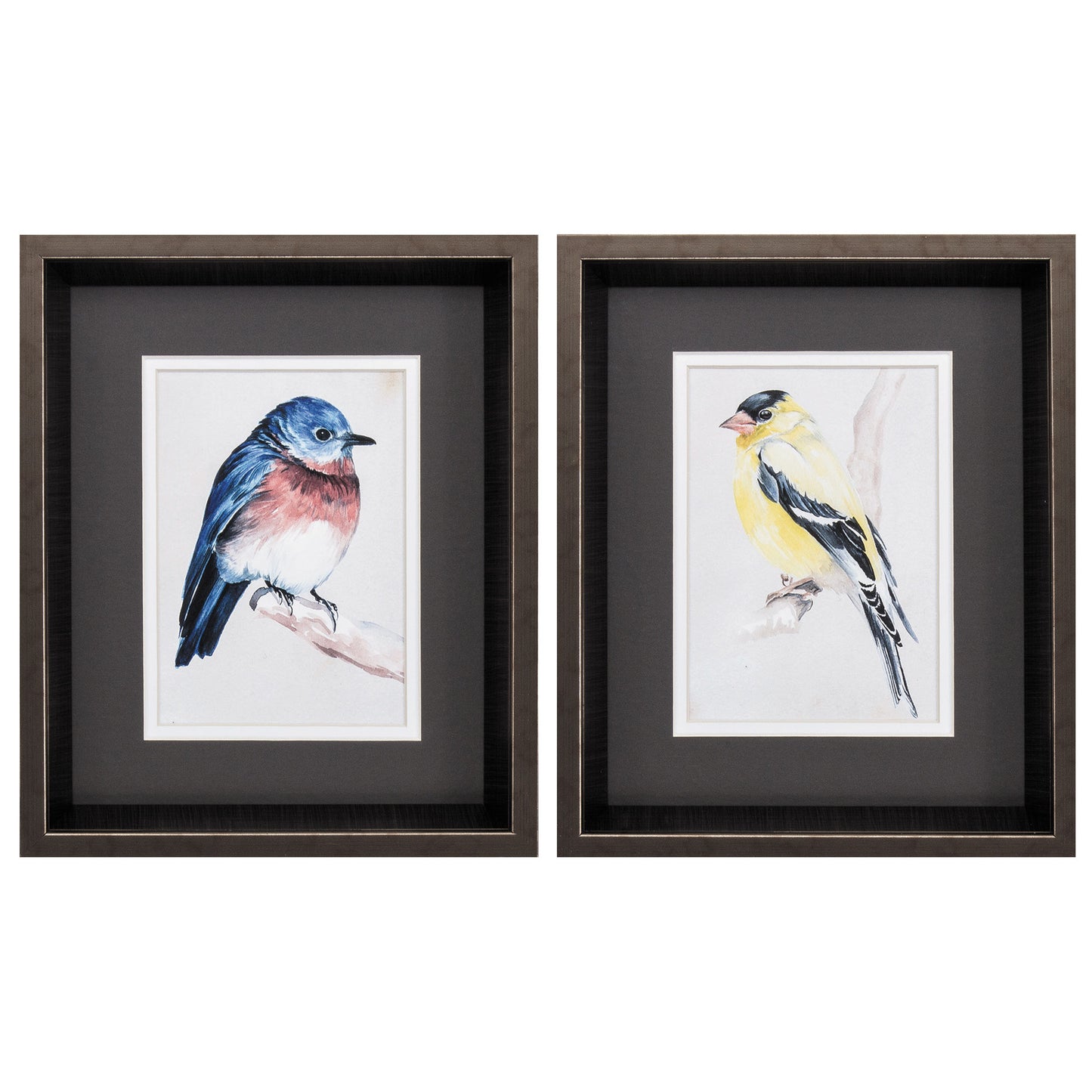 10" X 12" Brushed Silver Frame Bird On Branch (Set Of 2)