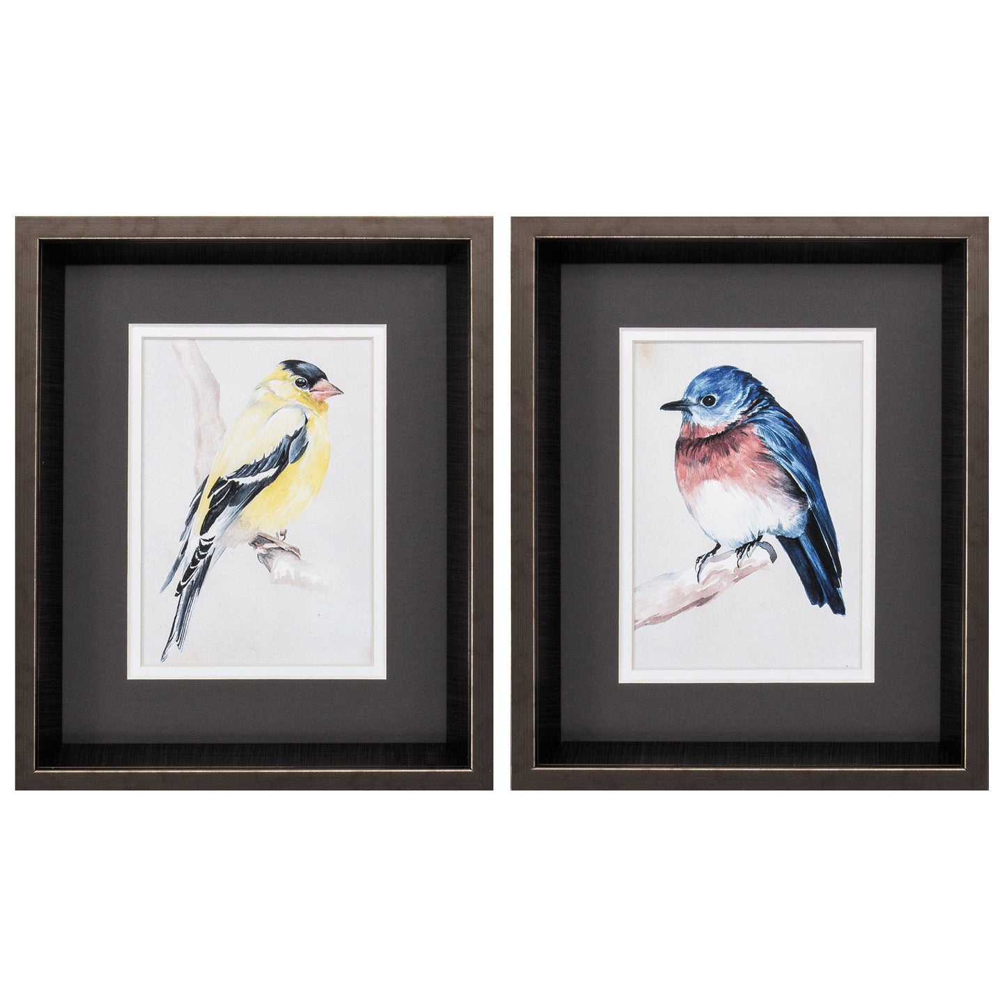 10" X 12" Brushed Silver Frame Bird On Branch (Set Of 2)