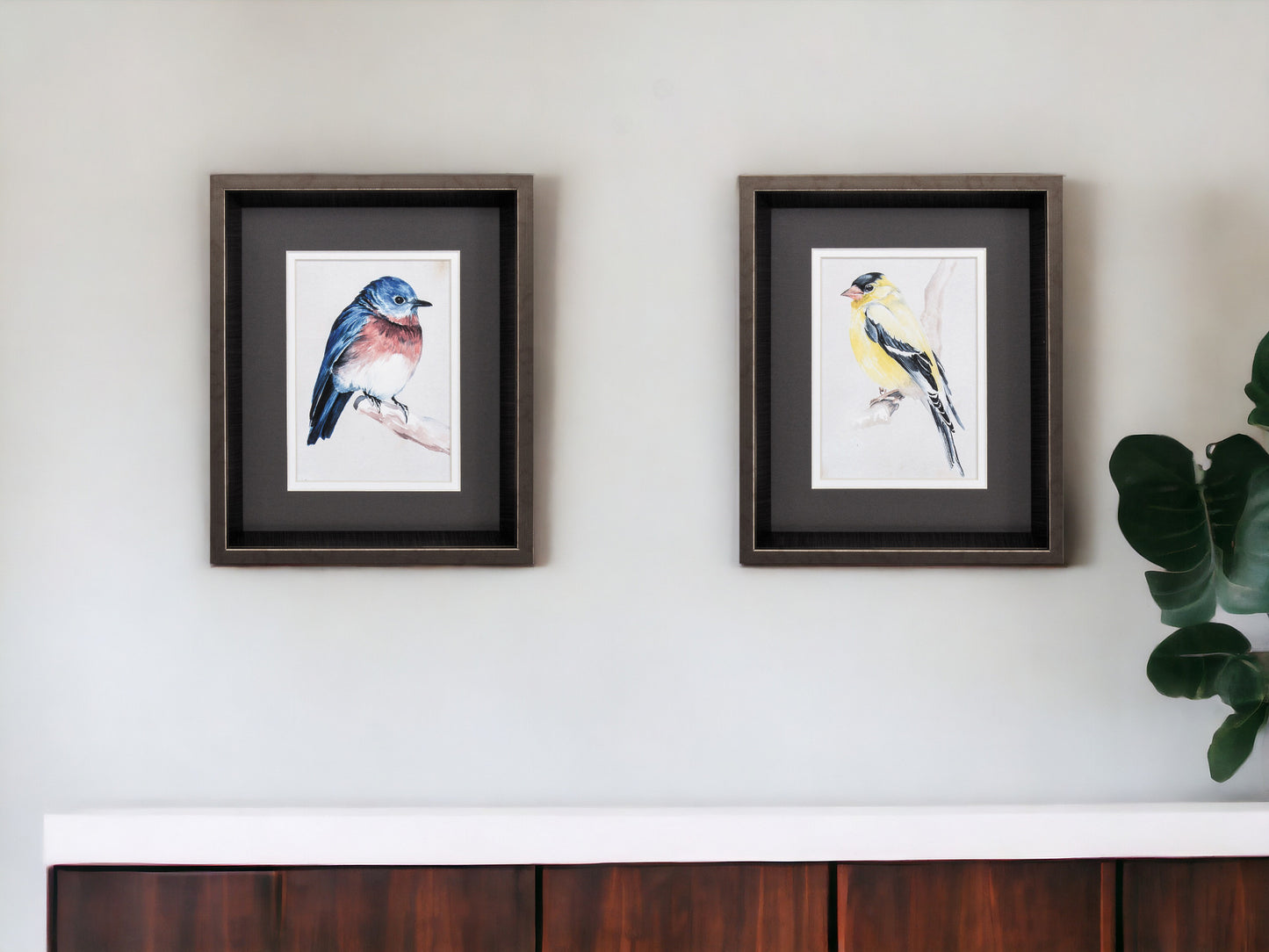 10" X 12" Brushed Silver Frame Bird On Branch (Set Of 2)