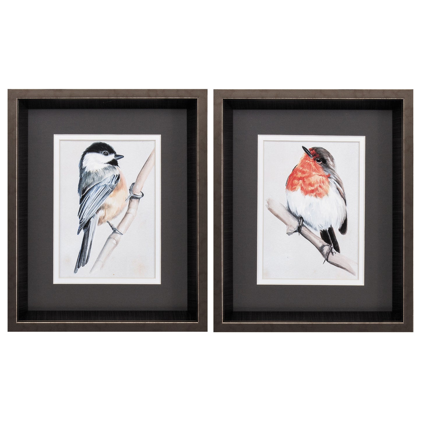 10" X 12" Brushed Silver Frame Bird On Branch (Set Of 2)