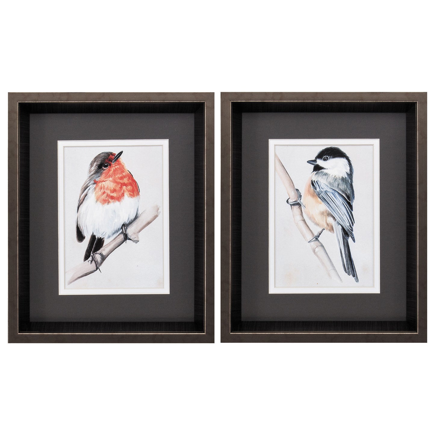 10" X 12" Brushed Silver Frame Bird On Branch (Set Of 2)