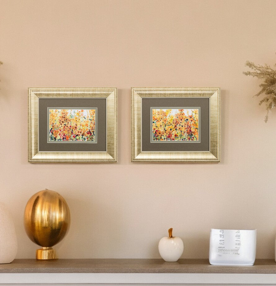 Set Of Two Pretty Summer Flowers Gold Framed Wall Art