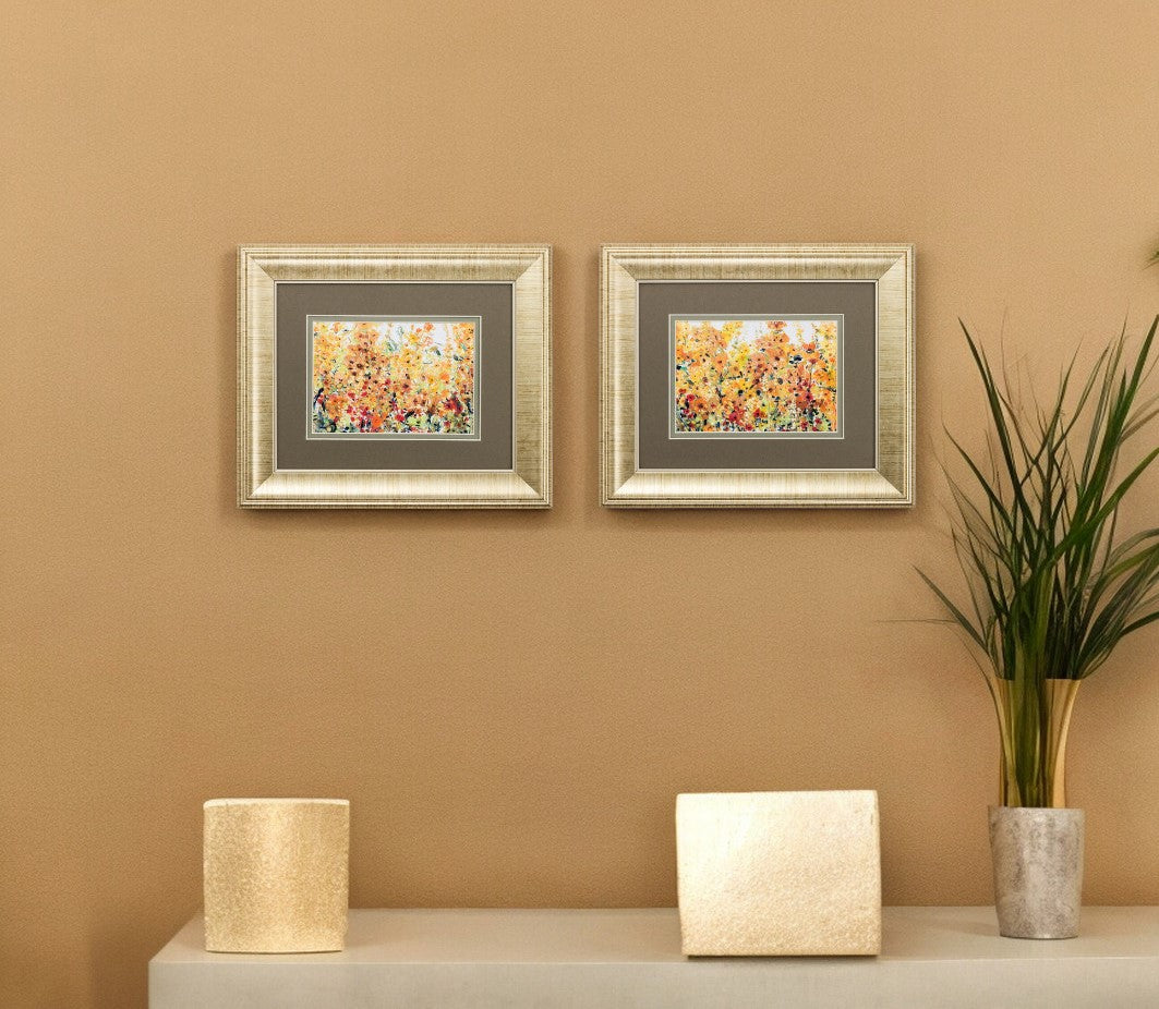 Set Of Two Pretty Summer Flowers Gold Framed Wall Art