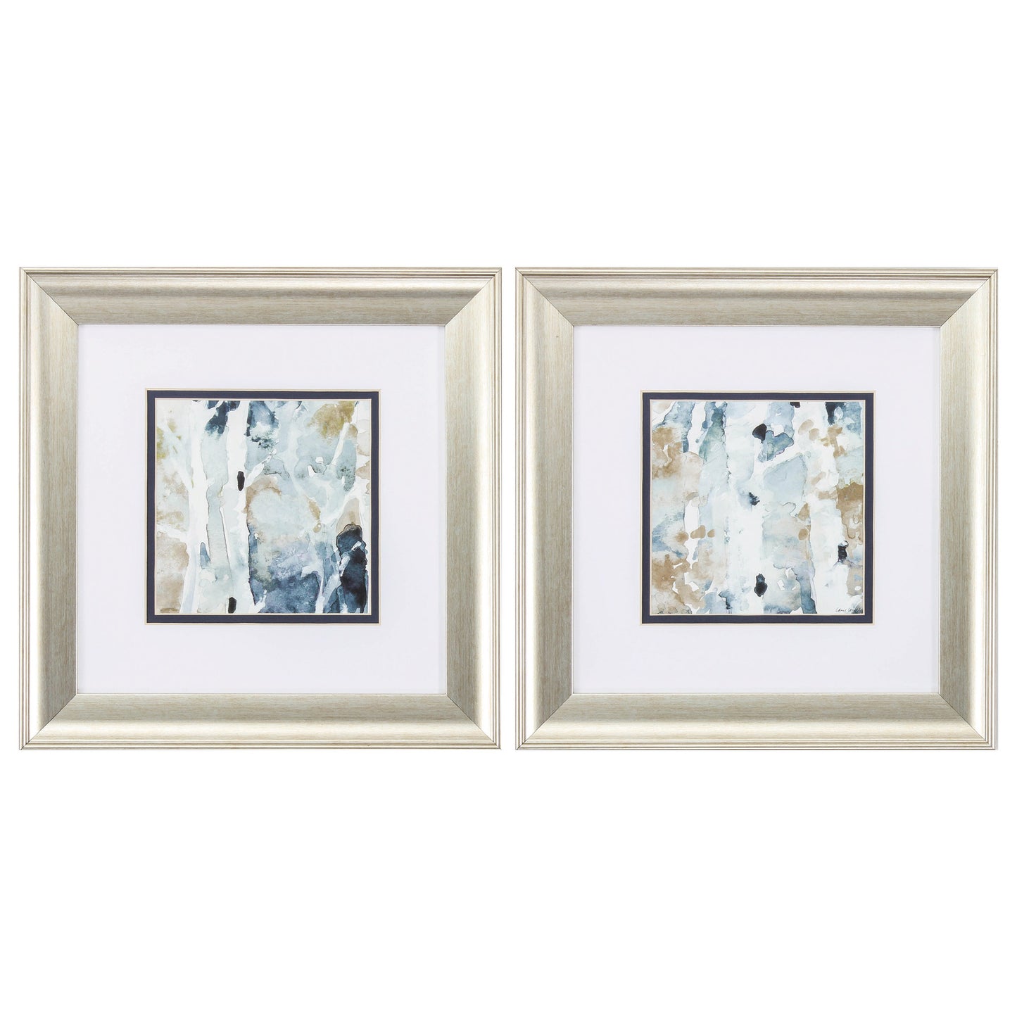 Set of Two Blue Watercolor Brushed Silver Framed Wall Art