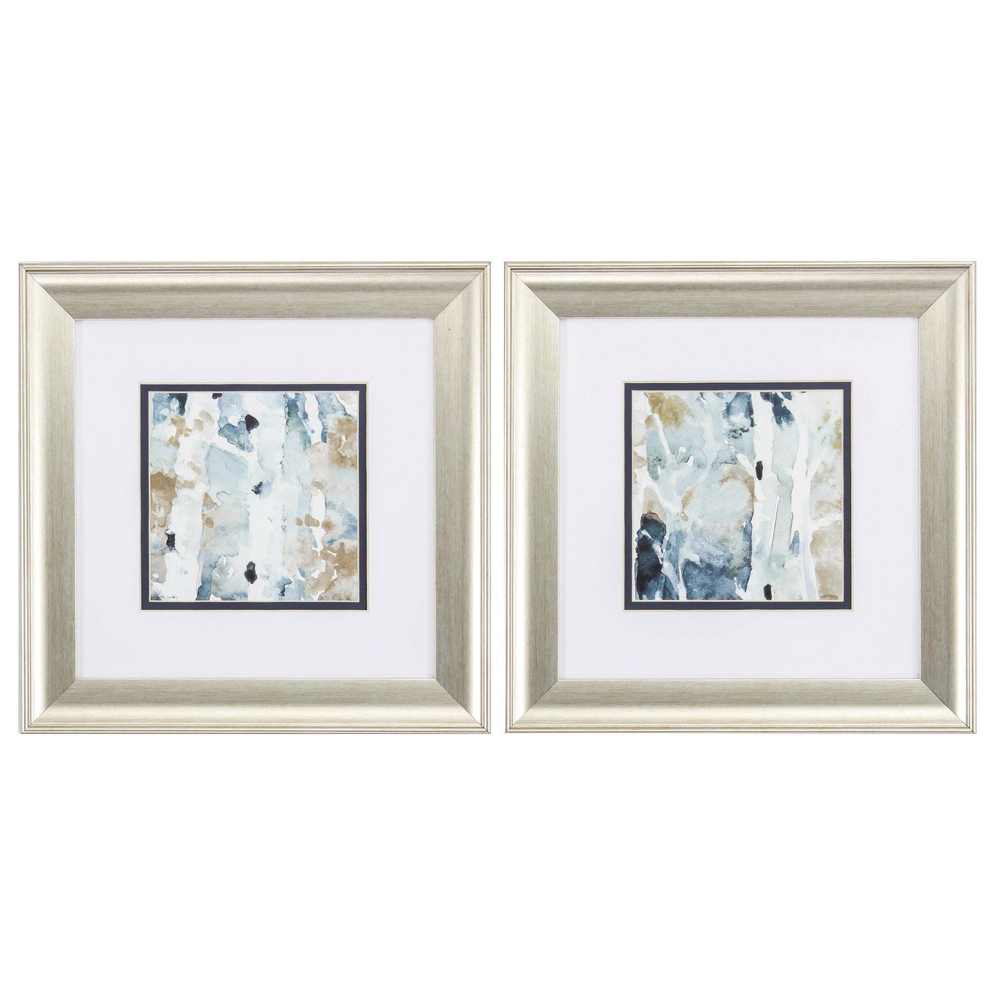 Set of Two Blue Watercolor Brushed Silver Framed Wall Art