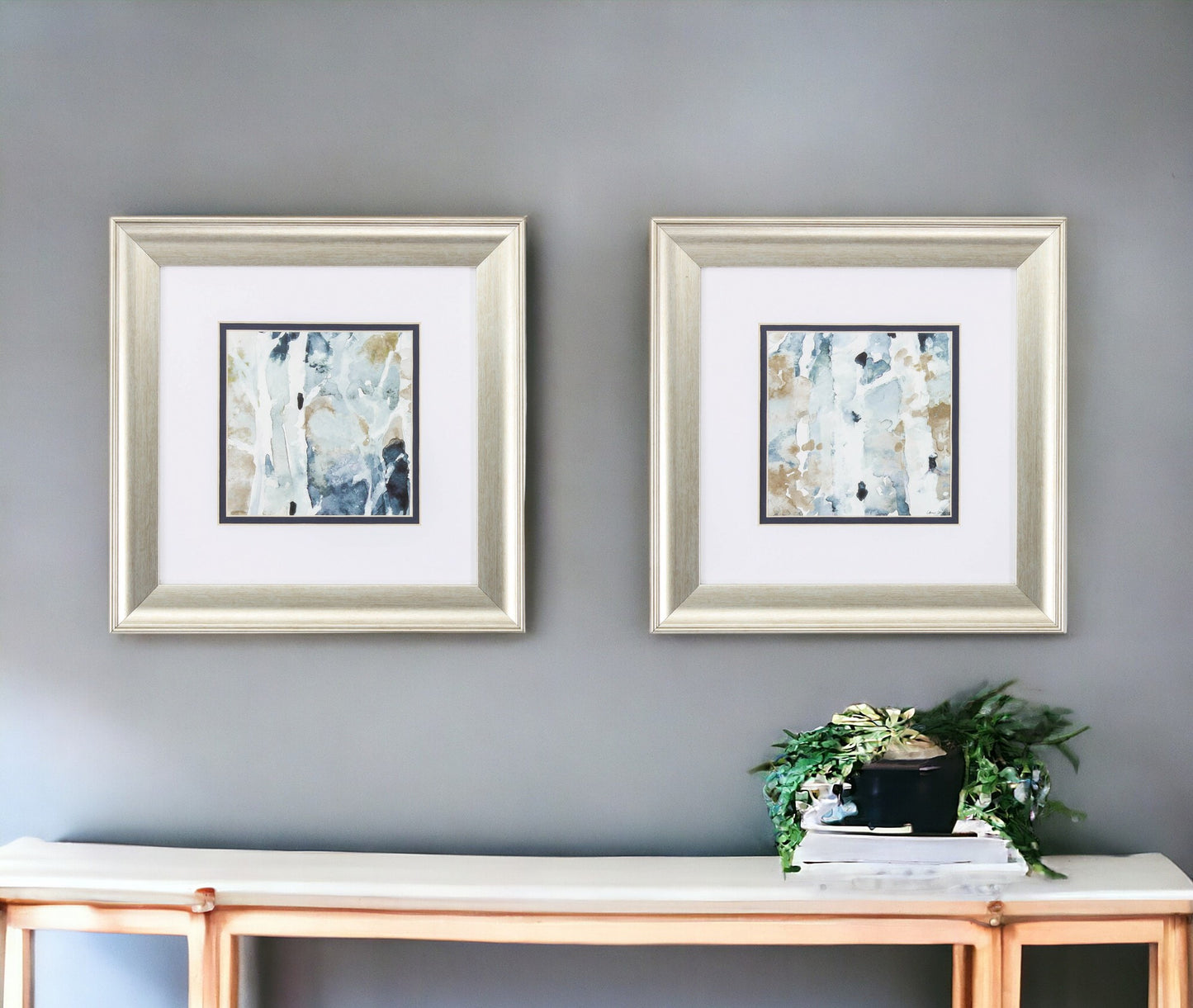 Set of Two Blue Watercolor Brushed Silver Framed Wall Art