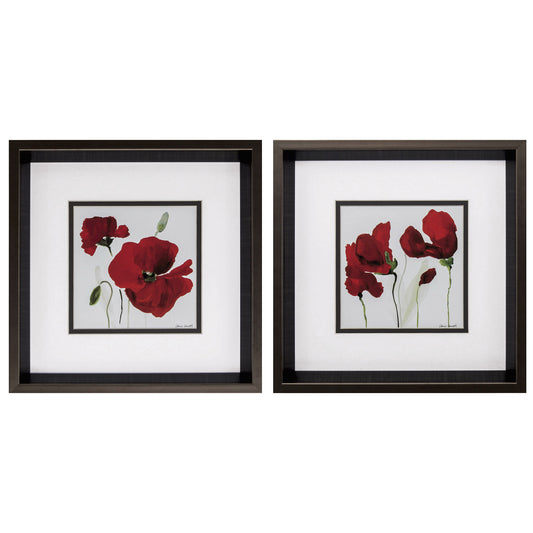 12" X 12" Brushed Silver Frame Red Poppy (Set Of 2)