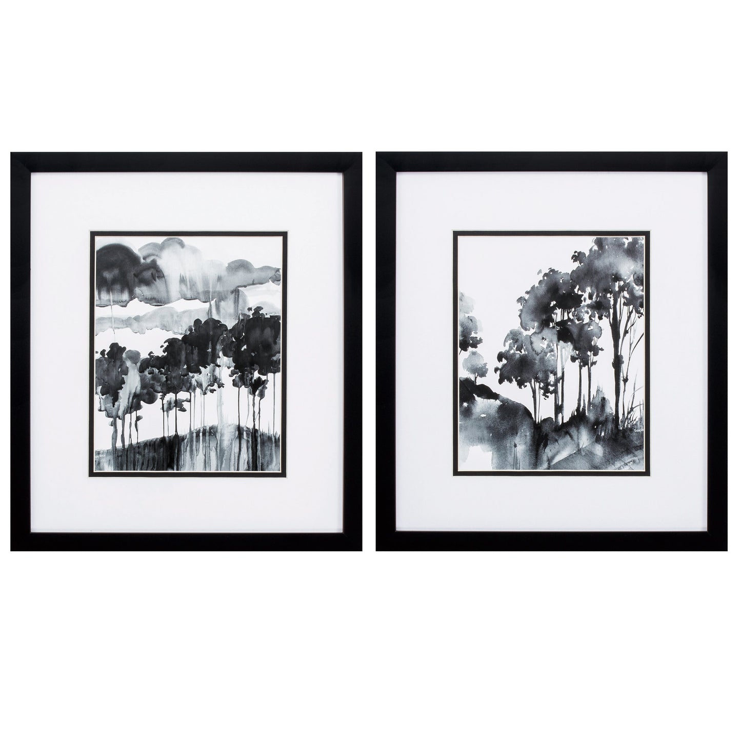 Set Of Two Black and White Trees Black Framed Print Wall Art