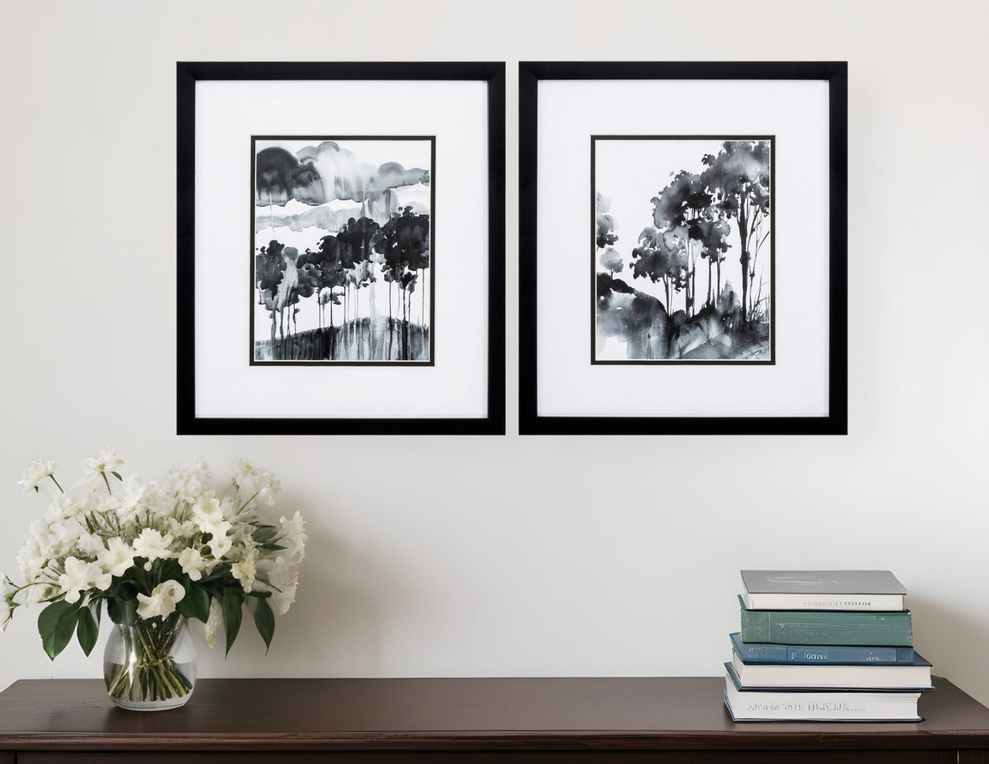 Set Of Two Black and White Trees Black Framed Print Wall Art