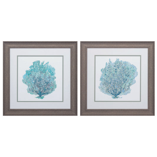 19" X 19" Distressed Wood Toned Frame Teal Coral On White (Set Of 2)