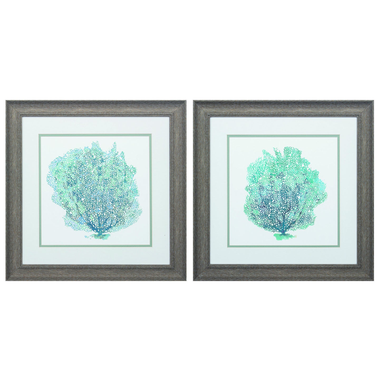 19" X 19" Distressed Wood Toned Frame Teal Coral On White (Set Of 2)