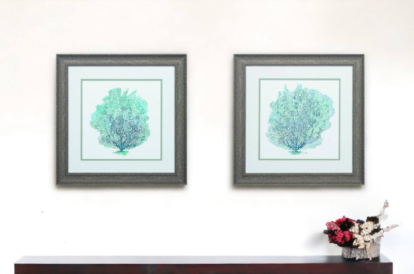 19" X 19" Distressed Wood Toned Frame Teal Coral On White (Set Of 2)