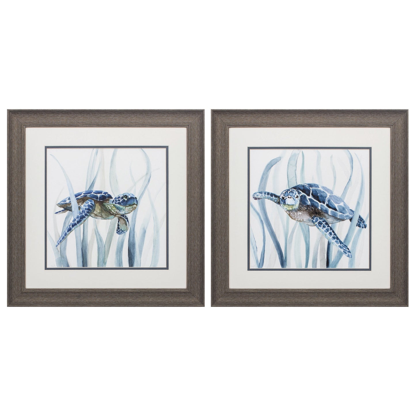 19" X 19" Distressed Wood Toned Frame Turtle In Grass (Set Of 2)