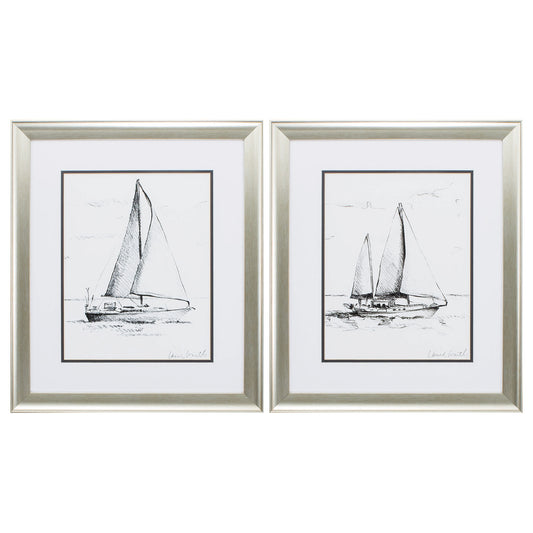 Set of Two 22" X 19" Sail Boat Sketch Silver Framed Wall Decor