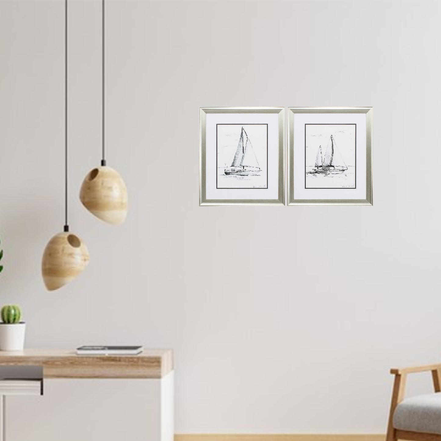 Set of Two 22" X 19" Sail Boat Sketch Silver Framed Wall Decor