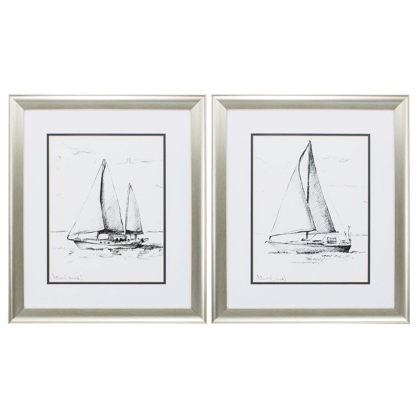 Set of Two 22" X 19" Sail Boat Sketch Silver Framed Wall Decor