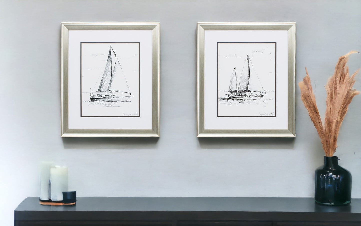 Set of Two 22" X 19" Sail Boat Sketch Silver Framed Wall Decor