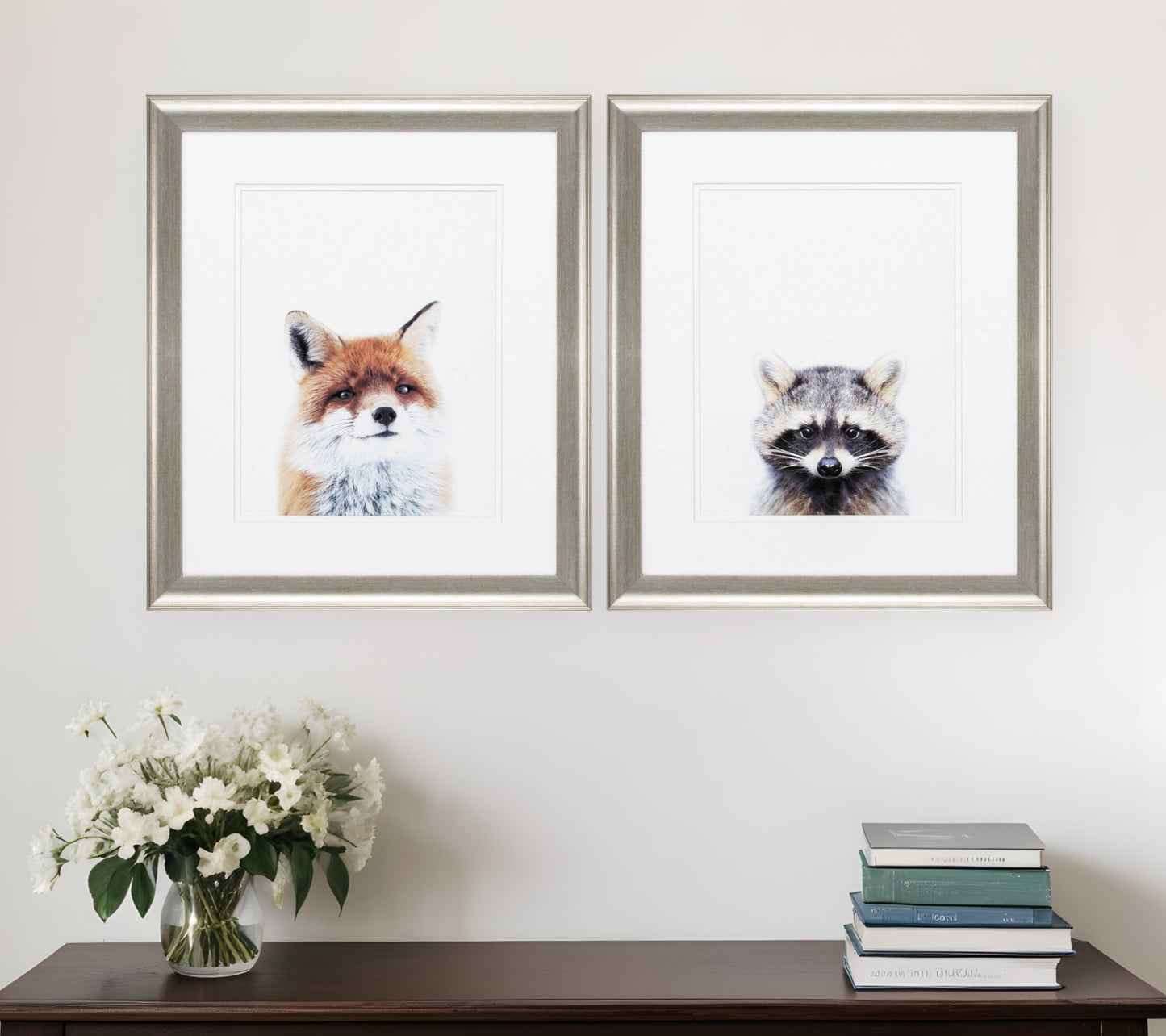 Set Of Two Fox and Racoon Silver Framed Wall Art