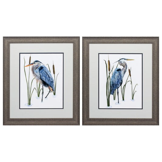 Set of Two 22" X 19" Blue Heron Distressed Brown Framed Wall Decor