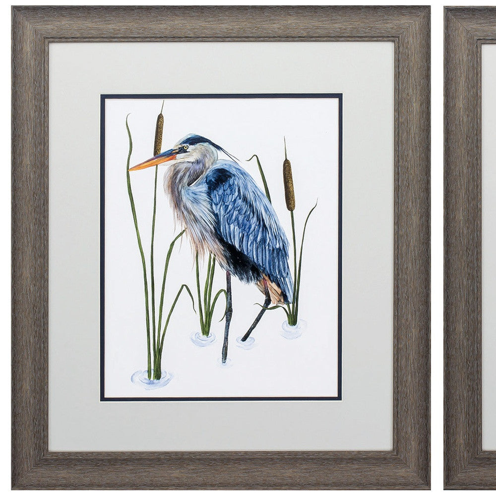 Set of Two 22" X 19" Blue Heron Distressed Brown Framed Wall Decor