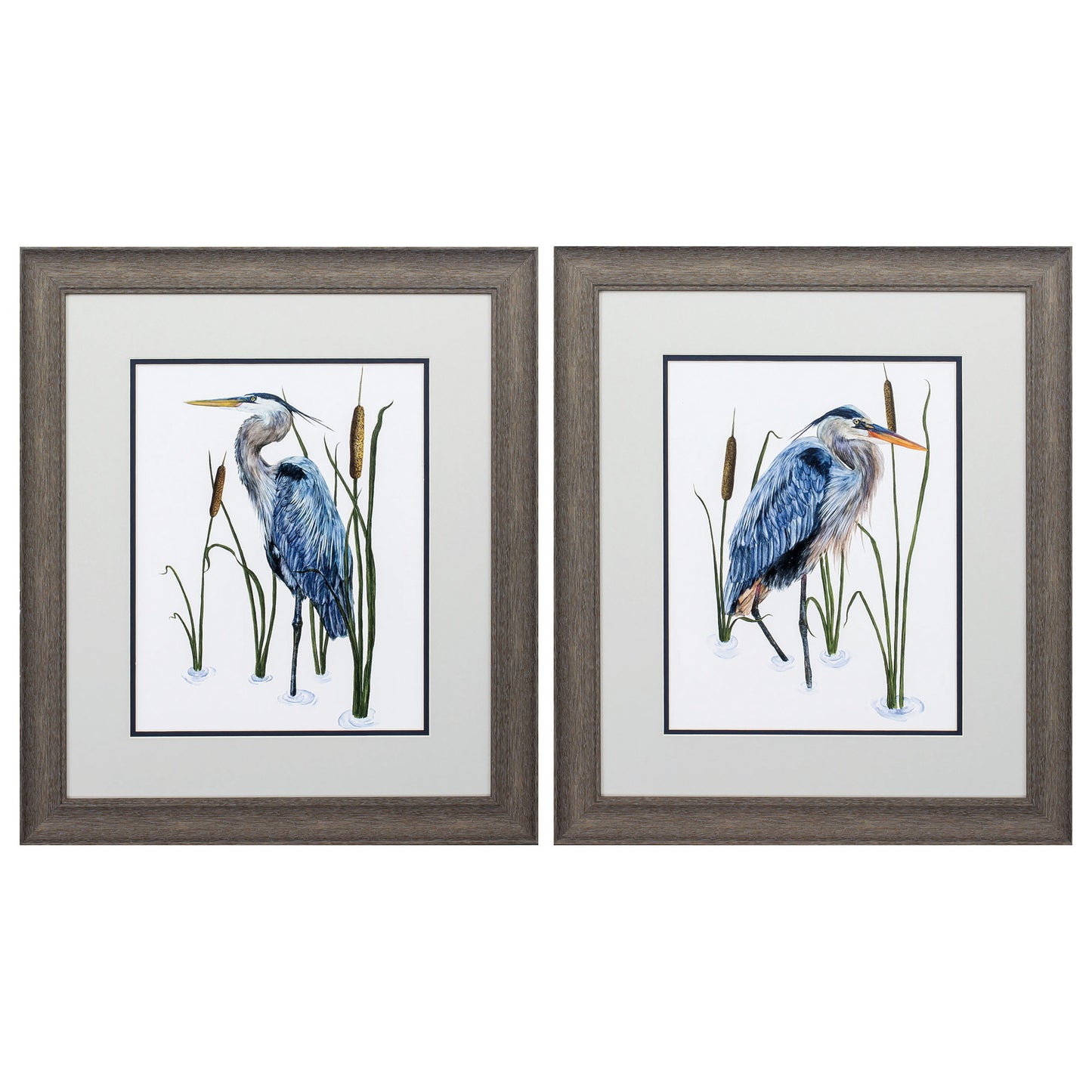 Set of Two 22" X 19" Blue Heron Distressed Brown Framed Wall Decor