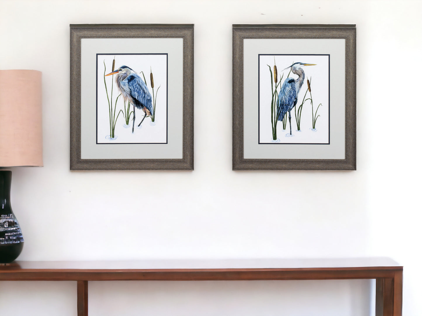 Set of Two 22" X 19" Blue Heron Distressed Brown Framed Wall Decor