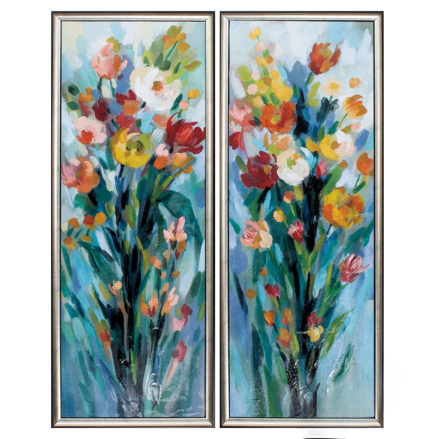 14" X 36" Silver Frame Tall Bright Flowers (Set Of 2)