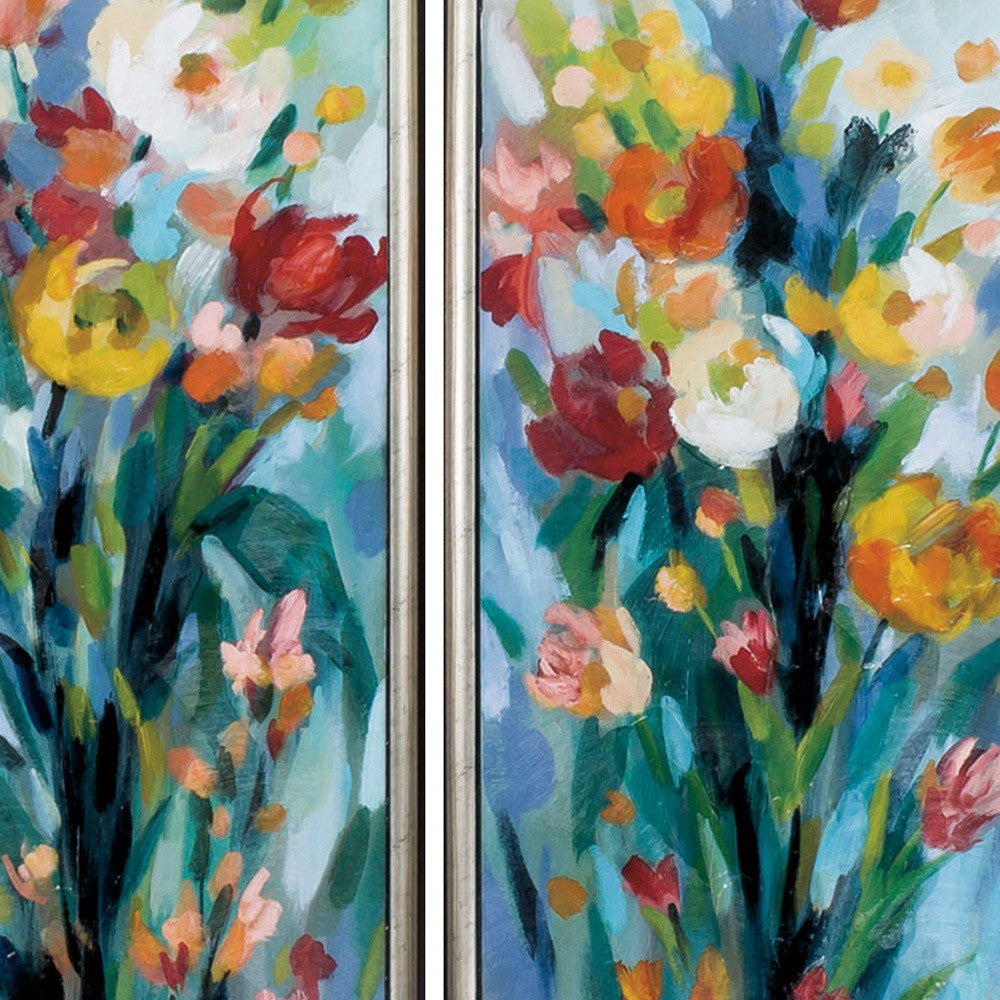 14" X 36" Silver Frame Tall Bright Flowers (Set Of 2)