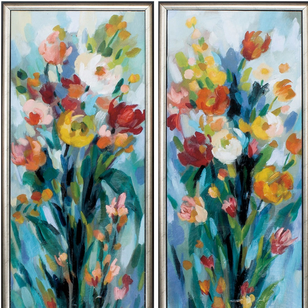 14" X 36" Silver Frame Tall Bright Flowers (Set Of 2)