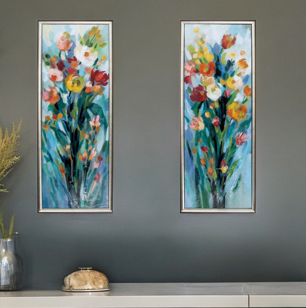 14" X 36" Silver Frame Tall Bright Flowers (Set Of 2)