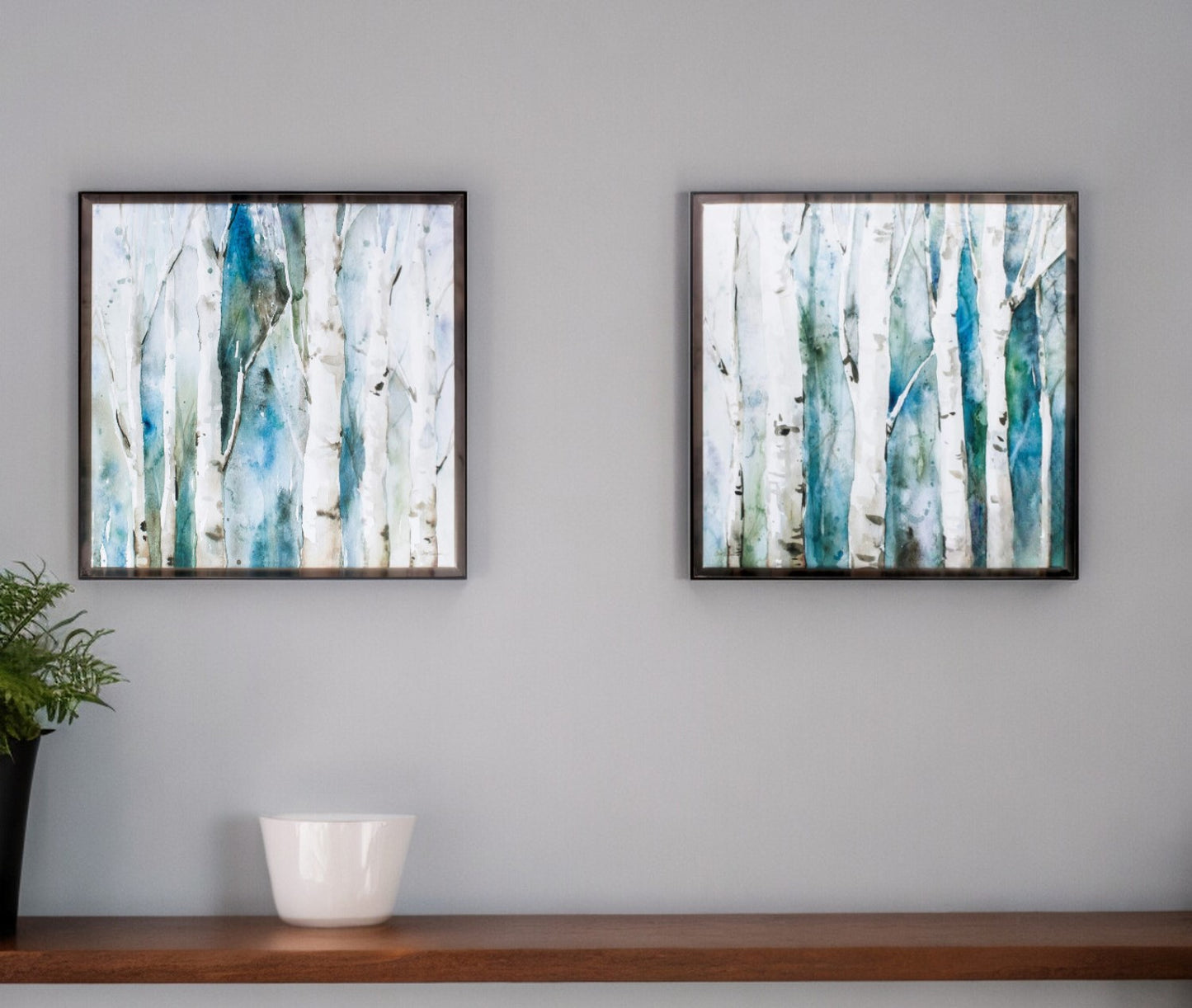 Set of Two 22" Blue Abstract River Birch Brown Framed Wall Art