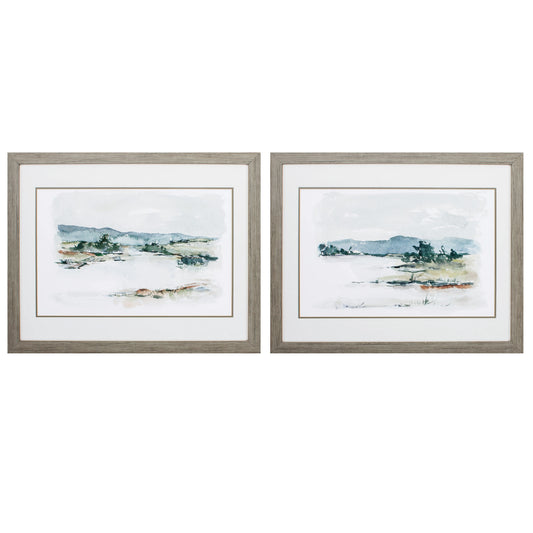 31" X 25" Woodtoned Frame Overcast Lake Study (Set Of 2)