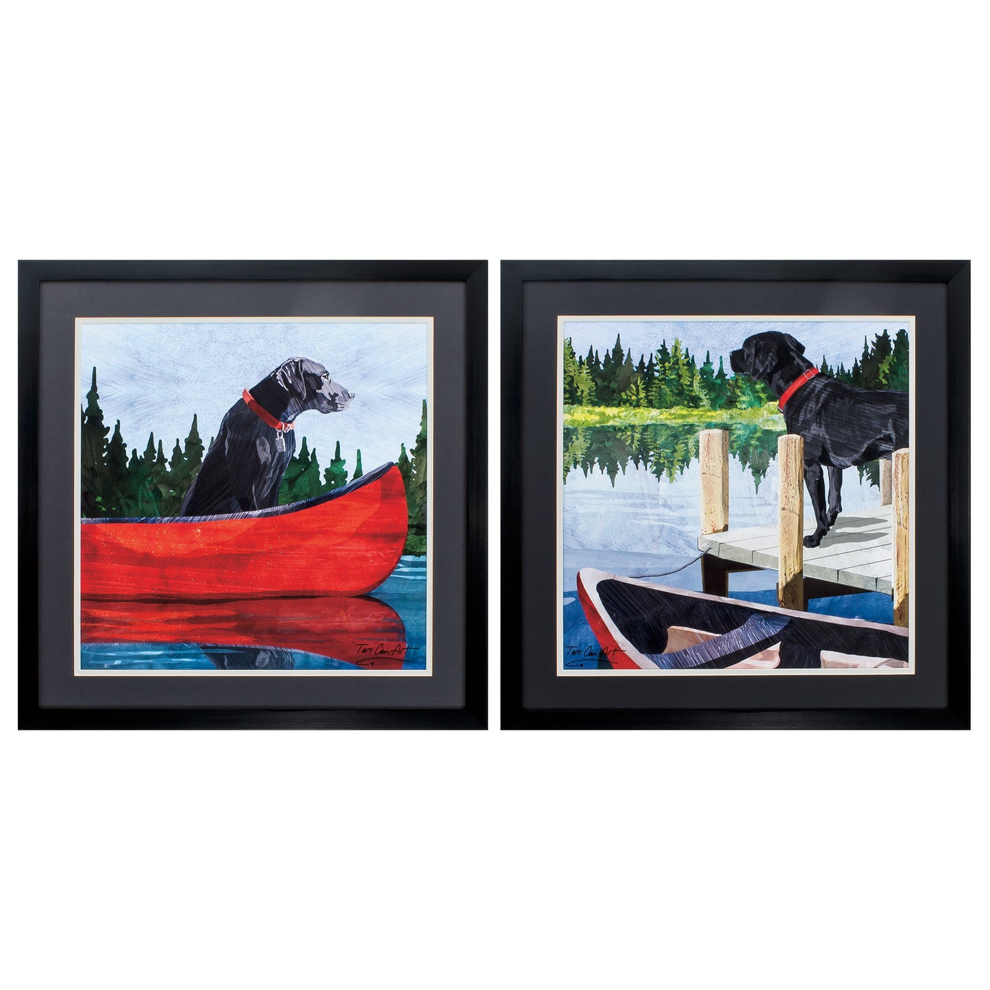 24" X 24" Dark Wood Toned Frame Dogs On Lake (Set Of 2)