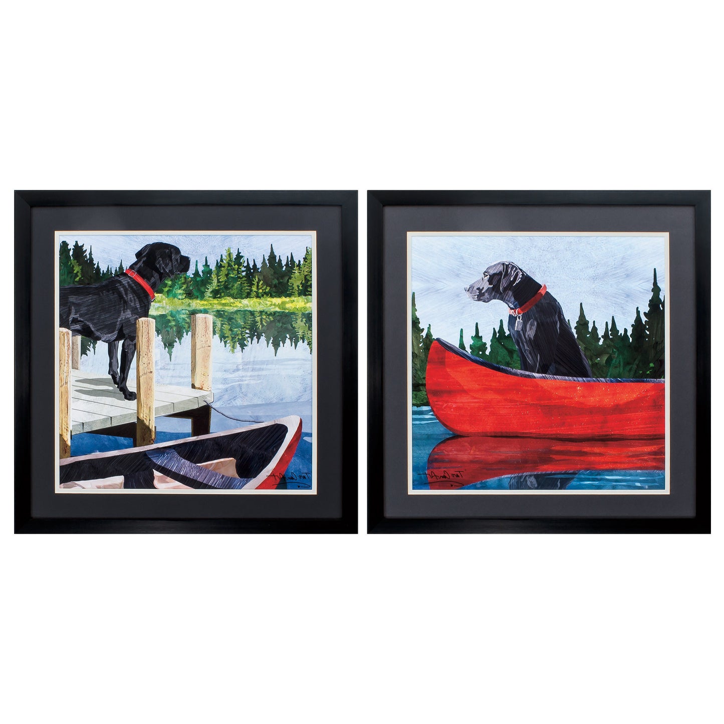 24" X 24" Dark Wood Toned Frame Dogs On Lake (Set Of 2)