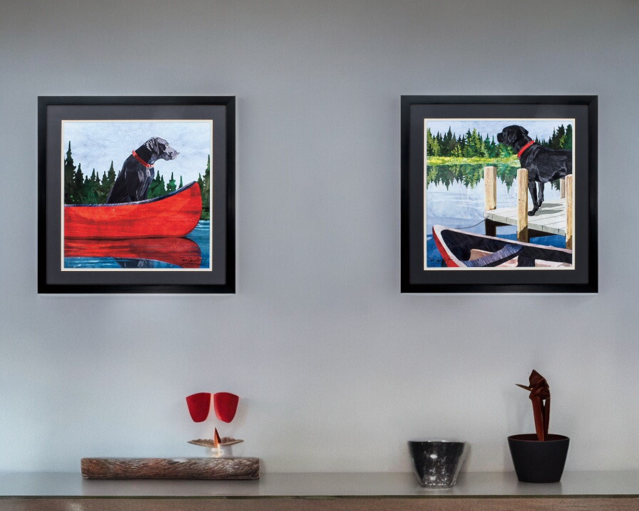 24" X 24" Dark Wood Toned Frame Dogs On Lake (Set Of 2)