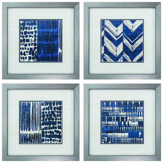 21" X 21" Silver Frame Indigo Batik Set Of 4