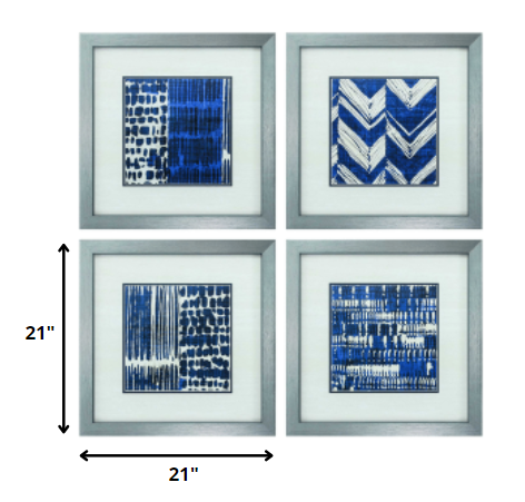 21" X 21" Silver Frame Indigo Batik Set Of 4